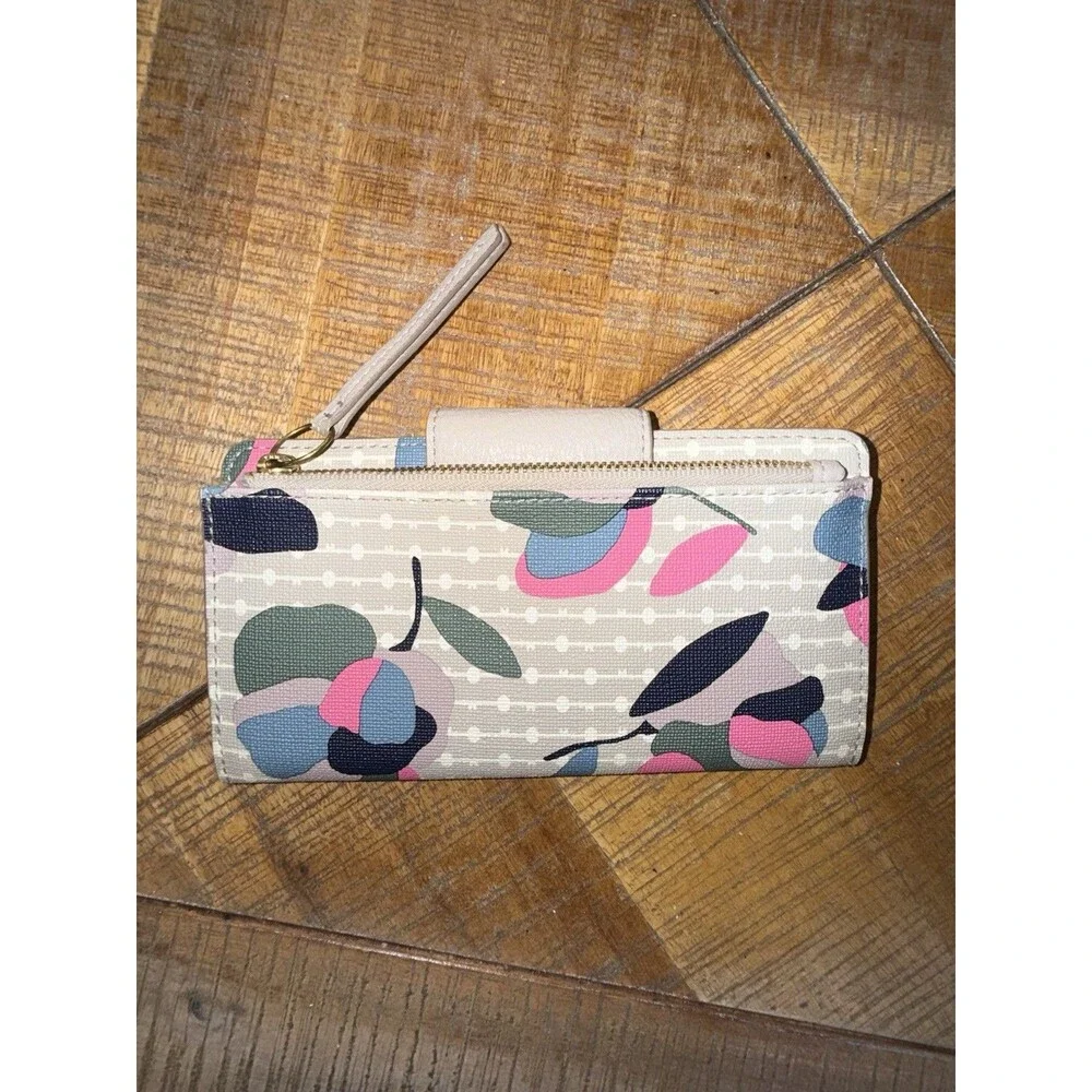 Fossil Emma Bifold Clutch Wallet Retro Floral Print Taupe Pink Blue Green Zip